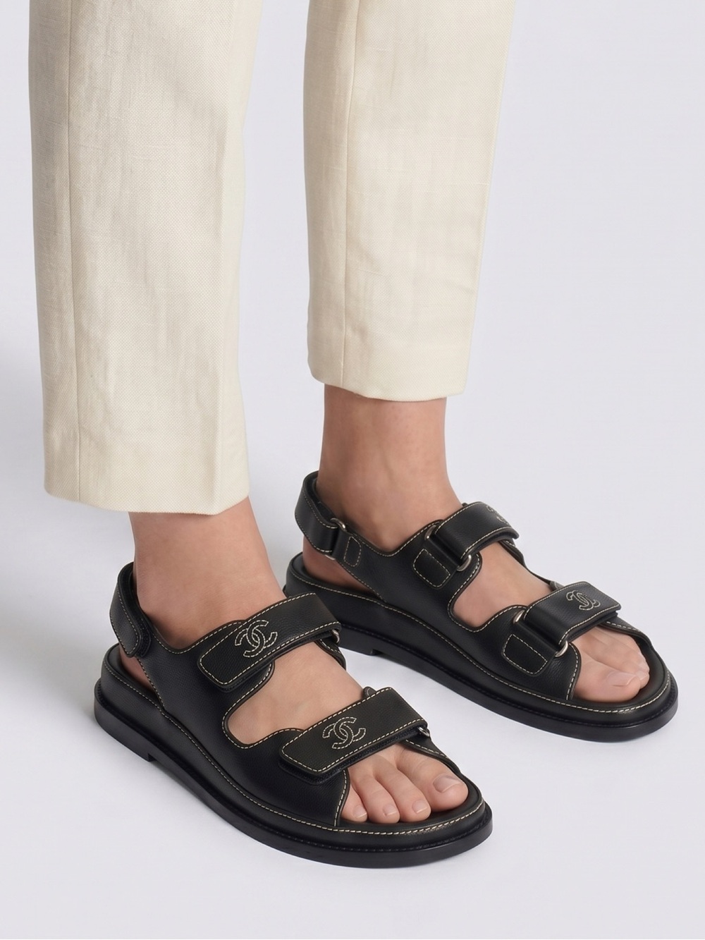 Chanel Vintage Dad Sandals Black Leather